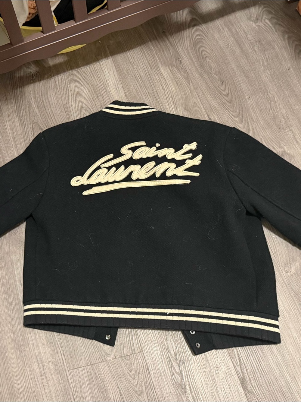 Saint Laurent Black and Cream Varsity Jacket with Script Logo